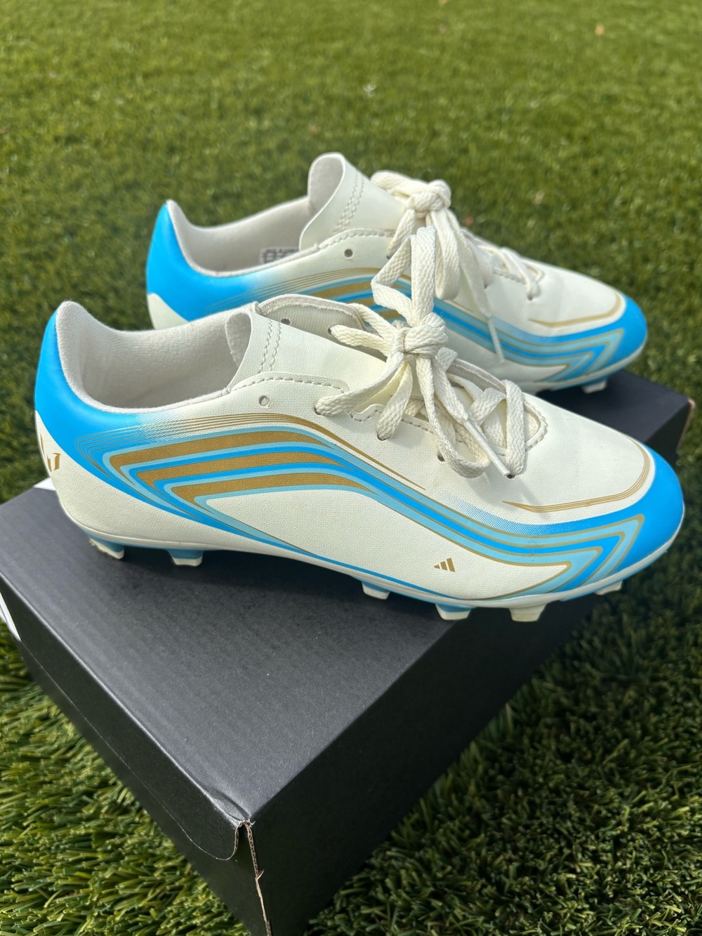 Messi Club Adidas Kids White and Blue Soccer Cleats